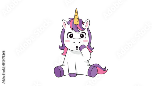 Adorable baby unicorn sitting down with a surprised expression and holding its hoof to its mouth on a clean white background for kids.