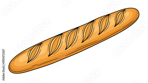 Long crusty french baguette bread freshly baked with golden brown crust and score marks, isolated on a white background for food themes.