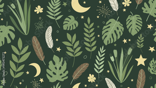 Dark green seamless pattern featuring various tropical leaves, moon crescents, feathers, and stars for a mysterious nature background.