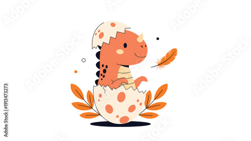 Cute orange baby dinosaur hatching from a spotted egg surrounded by autumn leaves and a floating feather on a white background.