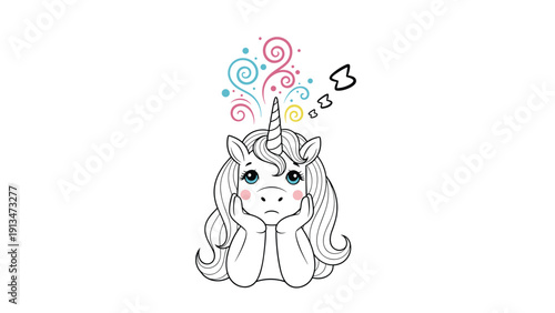 Sweet baby unicorn resting its head on its hooves while dreaming about magical colorful swirls and sparkles in a whimsical thought cloud.