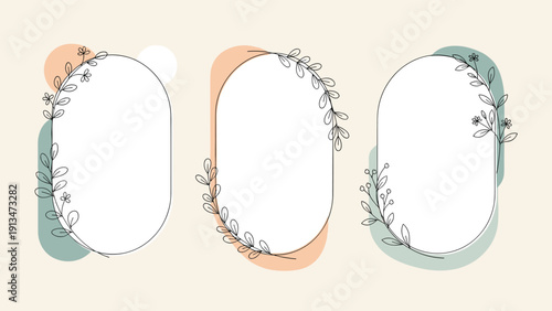 Three elegant oval geometric frames decorated with delicate hand drawn wildflower branches on abstract pastel colored backgrounds for cards.