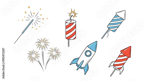 Collection of various festive fireworks, sparklers, and rockets in red, white, and blue colors for independence day or New Year celebrations.