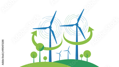 Green energy concept illustration showing blue wind turbines on a grassy hill with green arrows and trees under a clear white sky.