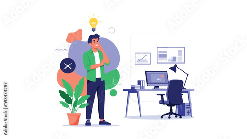 Creative businessman stands thoughtfully in his home office while a glowing lightbulb appears above his head representing a new idea.