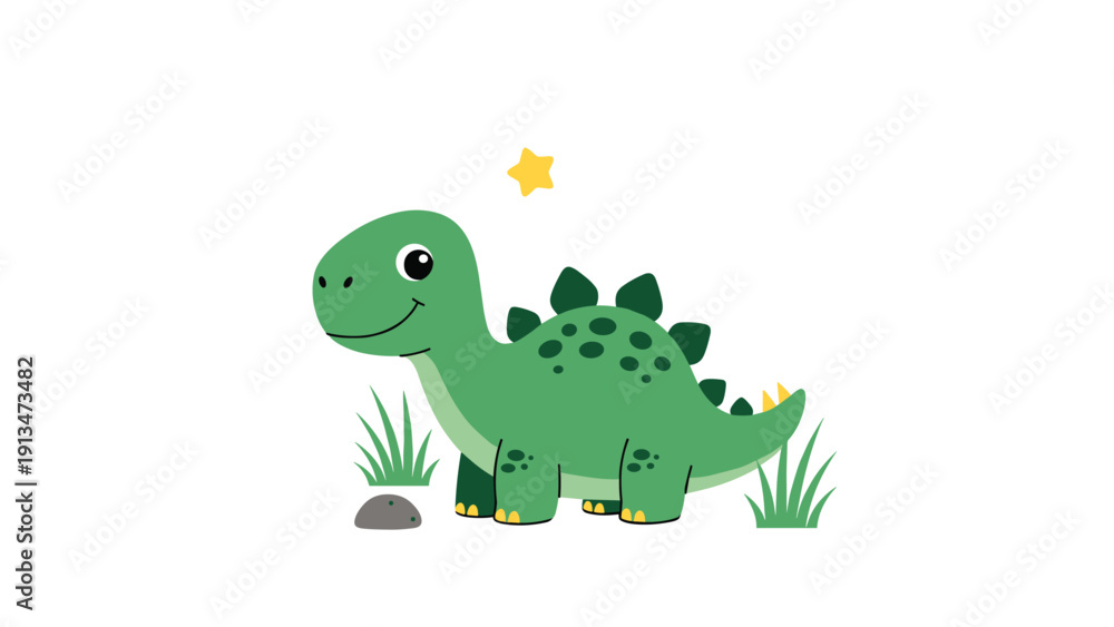 Fototapeta premium Friendly green stegosaurus dinosaur cartoon character standing in a grassy field with a yellow star and grey stone.