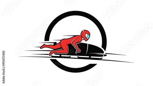 Professional bobsleigh athlete in a red speed suit and helmet rushes down a track within a black circular frame logo.