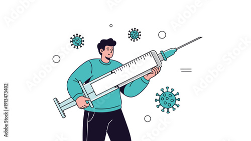 Concerned medical professional holds a giant syringe while being surrounded by virus icons to represent vaccination efforts.
