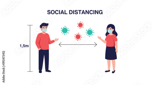 Man and woman wearing protective face masks stand at a safe distance to demonstrate social distancing guidelines during pandemic.