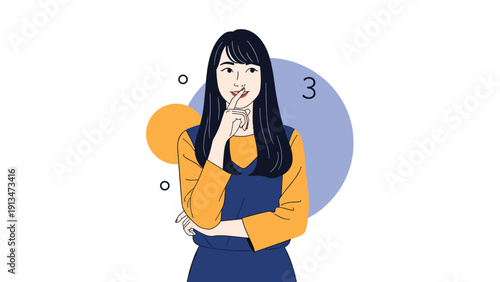 Beautiful young woman with long black hair making a hushing gesture by putting a finger over her smiling red lips.