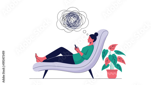 Young woman relaxing on a lounge chair while feeling mental stress and confusion represented by a messy scribble.
