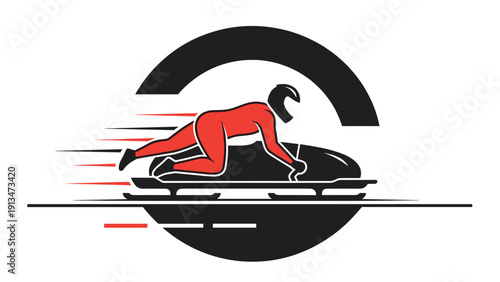 Professional bobsleigh athlete in red racing suit sliding fast on a track depicted in a modern circular logo style.