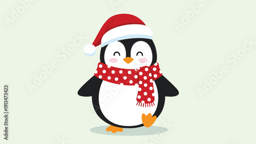Adorable cartoon penguin character wearing a red santa claus hat and a white polka dot scarf for christmas holiday.