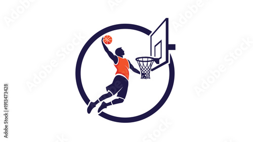 Dynamic basketball player silhouette performing a powerful slam dunk into the hoop inside a circular graphic frame.