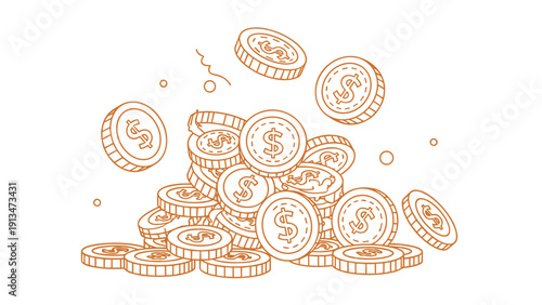 Large pile of falling gold dollar coins rendered in a simple orange line art style on a clean solid white background.