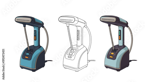 Set of professional handheld garment steamers shown in three different artistic styles for household laundry tasks.