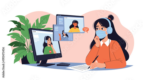 Young woman wearing a medical face mask and headphones while attending a remote video conference on several computer screens.