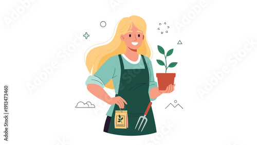 Smiling female gardener character wearing a green apron and holding a potted plant with small leaves for planting.