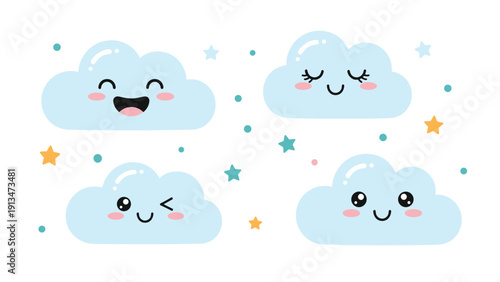 Collection of four adorable blue cartoon cloud characters with various happy facial expressions and colorful stars.