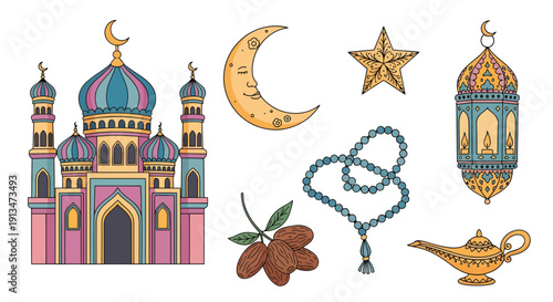 A comprehensive collection of colorful Islamic holiday elements in a charming hand-drawn doodle style