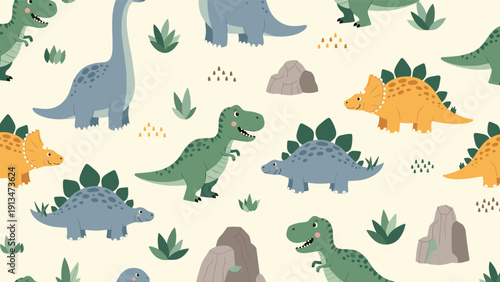 Seamless pattern of cute colorful dinosaurs including triceratops and stegosaurus among rocks and plants, playful childish background.