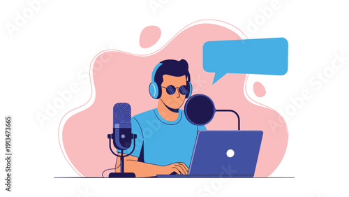 Young man wearing headphones and sunglasses recording a podcast or livestreaming with a professional microphone and laptop in studio.