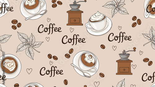 Seamless pattern design with coffee cups, roasted beans, hand grinders, and leaves on a warm beige background, cafe and breakfast theme.