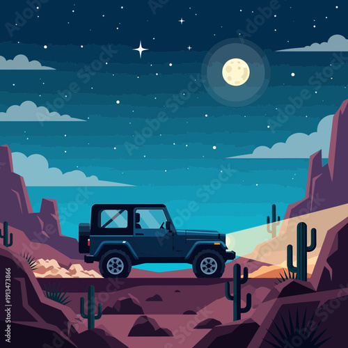 Jeep driving through desert canyon at night under moonlit sky