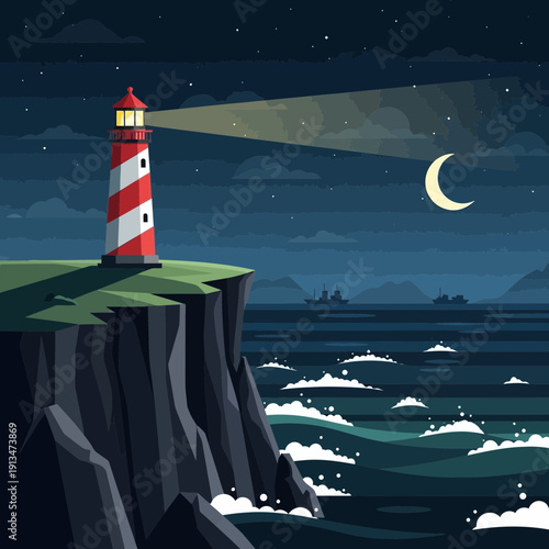 Lighthouse on cliff at night with moon and sea