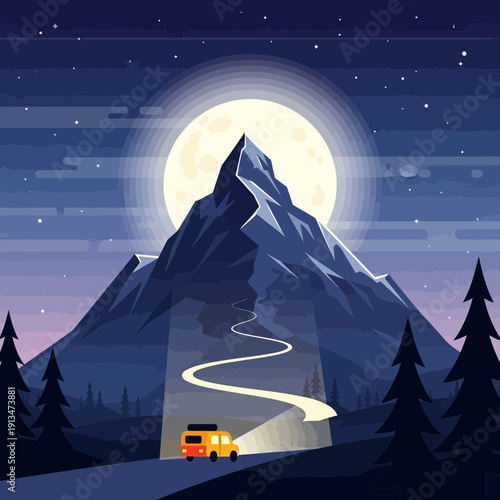 Moonlit mountain road trip with van and starry sky