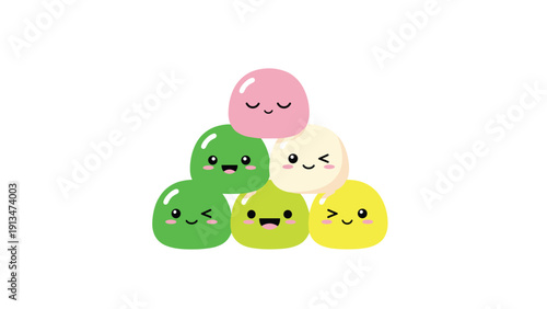 Pile of adorable mochi balls with cute happy faces and winks in a pyramid stack, colorful japanese dessert cartoon illustration.
