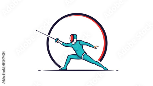 Professional fencer athlete lunging with a foil against a circular frame, symbolizing competition and agility in modern fencing sports.