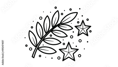 Stylized black and white drawing of a leafy branch surrounded by sparkling stars and dots, creating a magical or award-like decorative element.