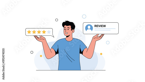 Young man presenting customer feedback with star ratings and a review box, representing online reputation and service quality for business.