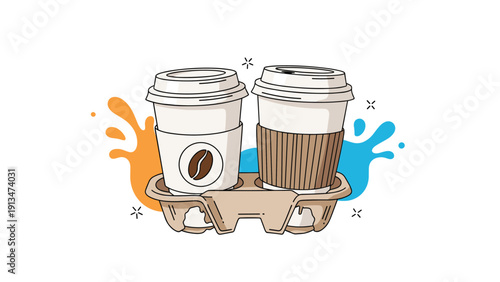 Two takeaway coffee cups in a paper carrier with vibrant orange and blue liquid splashes in background, energetic cafe concept art.