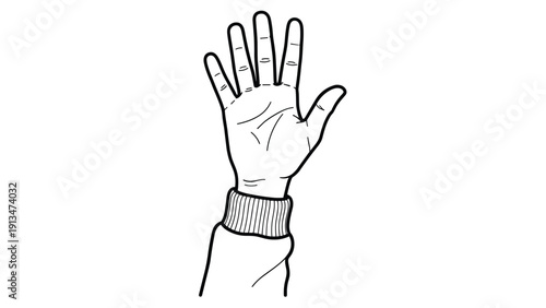 Simple black and white line drawing of a human hand raised with five fingers spread out, showing a greeting, stopping gesture, or counting.