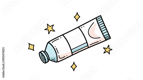Cute illustration of a tube of cream or toothpaste surrounded by twinkling stars and sparkles, emphasizing cleanliness and fresh hygiene.