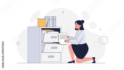 Businesswoman Organizing Files in Office Filing Cabinet