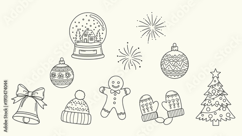 Set of hand drawn Christmas icons including a snow globe, bells, gingerbread man, mittens, and a decorated tree in simple black and white.