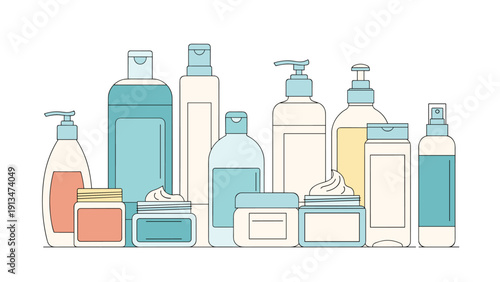 Symmetrical row of various skincare and body care bottles and jars in soothing teal, peach, and cream tones for a complete beauty routine.