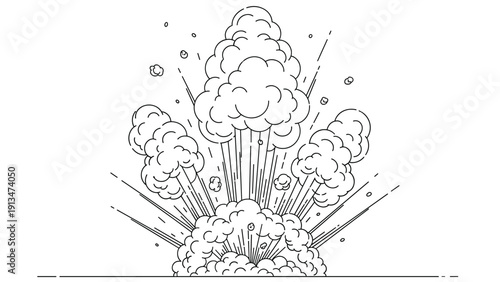 Powerful explosion depicted in a detailed black and white line art illustration showing billowing smoke clouds and flying debris in motion.