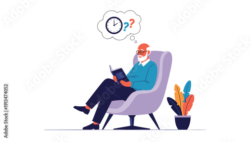 Elderly man sitting in an armchair while reading a book and thinking about time management or reflecting on the past with a thought bubble.