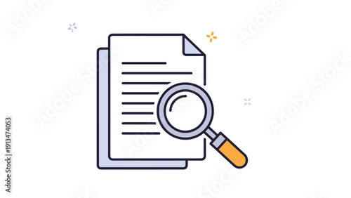 Magnifying glass inspecting a stack of paper documents in a simple flat vector style, concept of research, audit, and data analysis.