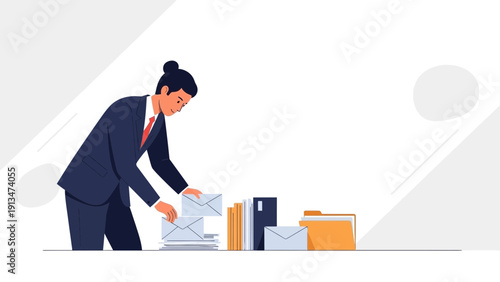 Businesswoman organizing mail and files, office work concept illustration