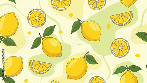 Vibrant and refreshing seamless pattern featuring yellow lemons and sliced segments with green leaves on a light background with shapes.