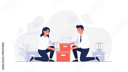 Teamwork helps organize office paperwork, boxes and files