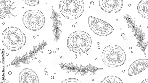 Detailed black and white botanical pattern featuring slices of juicy tomatoes, sprigs of fresh rosemary, and scattered droplets of water.