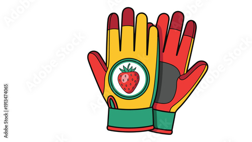 Pair of colorful gardening gloves in yellow, red, and green featuring a cute strawberry emblem, designed for hobbyists and garden enthusiasts.