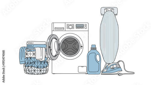 Complete laundry room setup featuring a modern washing machine, a basket full of clothes, detergent, and an ironing board with an iron.