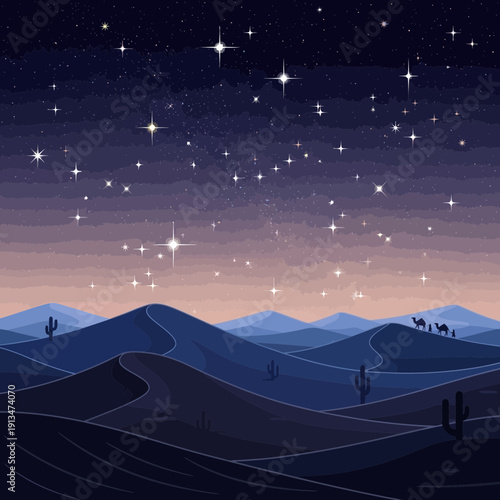 Pixel art desert night sky with stars and camels on dunes